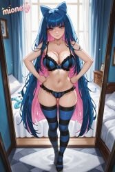 1girl ai_generated artist_name ass_visible_through_thighs bare_arms bare_shoulders bed bedroom blue_bow blue_bra blue_eyes blue_hair blue_panties blue_thighhighs blunt_bangs blush bow bow_bra bow_panties bra breasts cleavage closed_mouth collarbone colored_inner_hair curtains doorway frilled_panties frills full_body hair_bow hair_intakes hands_on_own_hips horizontal-striped_thighhighs indoors lace-trimmed_bra lace-trimmed_panties lace_trim large_breasts lingerie lips long_hair looking_at_viewer mionety mirror multicolored_hair navel no_shoes on_bed panties panty_&_stocking_with_garterbelt pillow pink_hair pov_doorway skindentation smile solo standing stocking_(psg) stocking_anarchy stomach striped_bra striped_clothes striped_panties striped_thighhighs stuffed_animal stuffed_cat stuffed_toy thigh_gap thighhighs thighs two-tone_hair underwear underwear_only very_long_hair window
