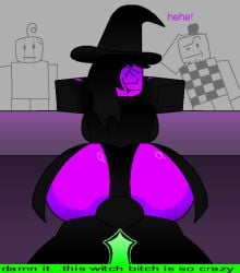 2d 2d_(artwork) 2d_artwork ass background_character background_characters big_ass big_butt boobs breasts bulge bulge_through_clothing butt buttocks clothed clothes fang fangs fangs_out ferman ferman_(robloxian) green_body green_skin grinding grinning_at_partner hair hat original original_character original_characters pink_body pink_skin roblox robloxian suspicious text thick under_the_table witch witch_costume witch_hat
