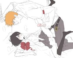 1boy 1girl belt belt_buckle bent_over black_eyes black_hair black_socks bleach blush breasts buckle censored commission grey_pants grey_skirt hand_on_wall height_difference hetero highres kuchiki_rukia kurosaki_ichigo large_penis lying mosaic_censoring nervous_sweating neukpu on_bed open_clothes open_shirt orange_hair pants penis pussy_juice red_ribbon ribbon ribs school_uniform shirt short_hair short_sleeves skirt small_breasts socks steam sweat white_shirt
