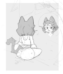 anthro badartist butt butt_crush felid female gameoverse glitch_productions hi_res kit_(gameoverse) kit_bodega macro male male/female mammal micro sitting sitting_on_another size_difference