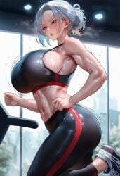 1_girl abs ai_generated black_leggings black_sports_bra blue_tips blush cleavage fitness from_side glossy_skin gym heart-shaped_pupils huge_breasts indoor large_breasts leggings muscular_female oiled ponytail profile red_eyes red_trim running shiny_skin silver_hair six_pack solo sports_bra sweat sweatdrop toned treadmill white_hair