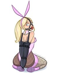 1girls armbinder arms_behind_back ball_gag blonde_hair blue_eyes bondage bound bound_arms bunny_ears bunny_girl bunnysuit collar female female_only femsub gag gagged harness_gag oliwardcomics png simple_background