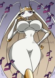 1girls animal_humanoid anthro anthro_focus below_view big_breasts big_hips big_thighs bouncing_breasts breasts crown cute dominant dominant_anthro dominant_female domination dommy_mommy eyelashes female female_anthro female_only female_pokemon funny game_freak generation_7_pokemon gold_jewelry heavy_breasts huge_breasts humanoid insect insect_girl jiggle jojo_reference katymoonart large_breasts long_hair meme menacing_(meme) nintendo nipple_bulge pheromosa pokemon pokemon_(creature) pokemon_(species) pokemon_sm pov pov_eye_contact purple_eyes simple_background solo solo_female thin_waist twitter_link twitter_username ultra_beast white_background white_body white_hair
