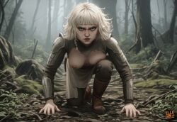 ai_generated armored_female crouching_female elledoesai exposed_breasts forest_background hands_on_ground padawan_braid platinum_blonde_hair self_upload shin_hati star_wars