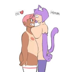 androgynous big_breasts braces cat_ears cat_tail charlie_(marinalfirst) chest_to_chest flat_chest furry furry_male green_hair long_hair marinalfirst penis pink_hair purple_hair pussy short_hair tail tan_body thighhighs