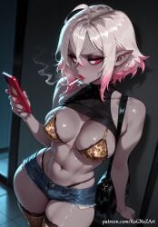 1girl 1girls 2026 abs ahoge ai_generated animal_print anime bag bare_shoulders bikini blue_shorts boobs breasts briar_(league_of_legends) cellphone cigarette cleavage clothes_lift crossover curvaceous curvaceous_body curvaceous_female curvaceous_figure curvaceous_hips curvaceous_thighs curvy curvy_body curvy_female curvy_figure curvy_hips curvy_thighs cutoffs dark-skinned_female dark_skin denim denim_shorts female female_focus gradient_hair hair_between_eyes handbag highres holding holding_phone huge_breasts large_breasts league_of_legends leopard_print lipstick makeup midriff mouth_hold multicolored_hair nail_polish navel nsfw patreon phone pink_hair pointy_ears red_eyes red_nails riot_games rognezart short_hair short_shorts shorts shoulder_bag skindentation sleeveless smartphone smoke smoking solo sweat sweaty swimsuit thick_thighs thighhighs thighs waifu