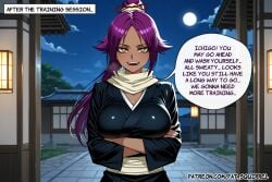 1girl ai_assisted ai_generated black_kimono bleach crossed_arms english_text fatest_squirrel large_breasts long_hair looking_at_viewer open_mouth ponytail purple_hair smile standing sweat sweatdrop white_sash yellow_eyes yoruichi_shihouin