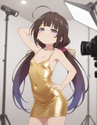 ai_generated beautiful_girl blue_eyes brown_hair flat_chest heavenly_body hinatsuru_ai petite_female pretty_girl seductive_smile sexy sexy_pose short_dress skinny_female slim_female slim_waist slutty_dress slutty_female tempting_viewer