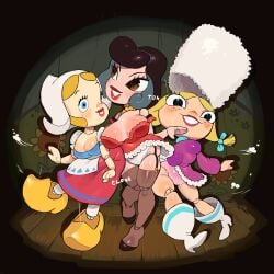 3girls capcognito doll doll_joints dutch_doll_(pinocchio) forced_exposure french_doll_(pinocchio) pinocchio puppet puppet_strings showing_off yuri