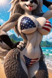 1girls 4k 4k_resolution ai_generated american_flag_bikini animal_ears beach big_breasts bikini breasts ears fangs female female_focus fur furry furry_female furry_focus furry_only grey_fur grey_tail hand_behind_head hand_on_hip helluva_boss hi_res high_quality high_resolution hires large_breasts looking_at_viewer loona loona_(helluva_boss) narrow_waist red_sclera sharp_teeth silver_hair stylized tagme tail teeth tongue tongue_out two-tone_fur two_tone_tail very_high_resolution white_eyes white_fur white_hair white_tail wide_hips wolf wolf_ears wolf_girl wolf_tail