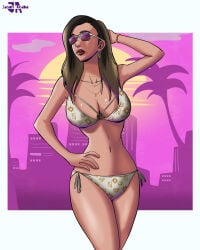 1girls 2d 2d_(artwork) 2d_artwork absurd_res absurd_resolution arm_up artist_request bare_shoulders beautiful_woman belly bikini brown-haired_female cleavage disinterested earring emotionless emotionless_female expressionless female_focus female_only grand_theft_auto grand_theft_auto_vi hand_behind_head hand_on_hip high_quality high_resolution highres huge_breasts indifferent long-haired_female long_hair mature_woman navel necklaces oblivious oblivious_sexualization palm_trees pinup pool_party_girl_(gta_vi) red_lipstick rockstar_games skyscrapers sunglasses unbothered uncaring uncaring_female