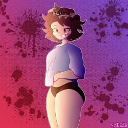 1girl 2d alice_(fundamental_paper_education) belly big_ass big_butt black_lace black_panties blushing brown_hair fundamental_paper_education large_shirt naughty_smile nyrezu panty red_eyes sharp_teeth thicc thicc_thighs thick_thighs tiara