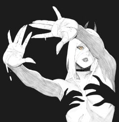\||/ absurdres arms_up chainsaw_man choker commentary double_\||/ from_below hand_shadow_covering_breasts_(meme) hex_mamaso highres horns long_hair looking_at_viewer meme monochrome nude orange_eyes power_(chainsaw_man) shadow sharp_teeth tagme teeth