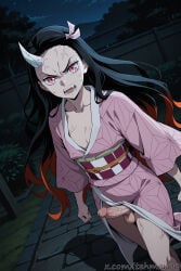 1boy ai_generated angry black_hair checkered_sash collarbone dutch_angle erection fangs femboy fingernails genderswap genderswap_(ftm) gradient_hair hair_ribbon horns japanese_clothes kamado_nezuko kimetsu_no_yaiba kimono long_hair looking_at_viewer male multicolored_hair night night_sky oni open_mouth outdoors penis pink_eyes pink_kimono ribbon sash single_horn sky slit_pupils solo standing teeth tehmar testicles trans_woman transfem trap veins veiny_penis wide_sleeves