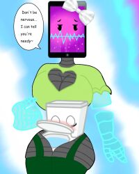 1boy 1boy1girl 1boys 1girl 1girls adamation_inc. adamationz animationepic big_breasts blushing garter_straps genderbend genderswap genderswap_(mtf) green_outfit head_between_thighs head_on_thighs huge_breasts inanimate_insanity inanimate_insanity_(season_2) mepad object_show object_shows rule63 rule_63 speech_bubble text thick_thighs thighs toilet toilet_(ii) white_bow zsona_creepy(artist)