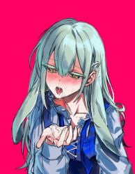 1girl after_fellatio animal_ears arknights bang_dream! bang_dream!_it's_mygo!!!!! blue_ribbon blue_vest blush chinese_commentary collarbone colored_eyelashes commentary_request cross-laced_clothes cross-laced_top cum cum_in_mouth cum_on_body cum_on_hands cum_on_tongue extra_ears green_hair hair_ornament hairclip hand_up highres long_hair long_sleeves looking_down lop_rabbit_ears ne2op neck_ribbon nose_blush open_collar open_mouth rabbit_ears rabbit_girl red_background ribbon shirt simple_background solo straight_hair sweat tears tongue tongue_out undone_neck_ribbon upper_body vest wakaba_mutsumi wakaba_mutsumi_(cautus) white_shirt yellow_eyes