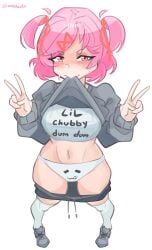 1girl 1girls 2d 2d_(artwork) 2d_artwork absurd_res absurd_resolution absurdres back back_view blush blushing ddlc doki_doki_literature_club emiillb female hair_ornament hair_ribbon hi_res high_quality high_resolution highres hoodie jpg legs lifting_own_clothes natsuki_(doki_doki_literature_club) panties peace_sign peace_symbol petite petite_body petite_breasts petite_female petite_tits pigtails pink_eyes pink_hair questionable ribbon_in_hair serenity_forge short_hair simple_background small_breasts sweat team_salvato text thighhighs tsundere x_hair_ornament