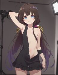 ai_generated beautiful_girl blue_eyes brown_hair flat_chest heavenly_body hinatsuru_ai petite_female pretty_girl seductive_smile sexy sexy_pose short_dress skinny_female slim_female slim_waist slutty_dress slutty_female tempting_viewer