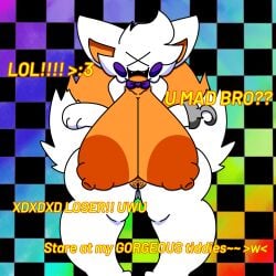 alternative_fashion anthro areola big_breasts breasts canid canine cleavage clothed clothing erect_nipples female five_nights_at_freddy's five_nights_at_frickbear's_3 five_nights_at_frickbears five_nights_at_frickbears_3 fluffy fluffy_tail fox hi_res hook hook_hand huge_breasts hyper hyper_breasts laugh laughing_at_viewer lolbit_(frickbear's) mammal nipples pubes rainbow rainbow_background scene_(fashion) scottgames simple_background solo souljulius31uwu tail thick_thighs wide_hips xd