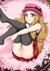 anus armpits ass before_sex blonde_hair blue_eyes cameltoe edit gouguru legs legs_together long_hair looking_at_viewer lying lying_on_bed nintendo on_bed pokemon pokemon_xy pussy serena_(pokemon) skirt smiling thick_thighs thighhighs vagina