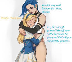 after_oral age_difference blonde_hair blue_hair height_difference inminent_sex jinx_(league_of_legends) league_of_legends long_hair luxanna_crownguard pale_skin pubic_hair short_hair text