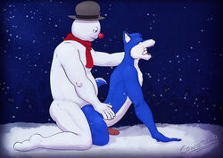 anal anthro blue_body blue_fur canid canine canis clothing cowardlion finger_in_mouth frosty_the_snowman fur hat headgear headwear humanoid male male/male male_only mammal red_nose scarf simple_background snow snowman wolf