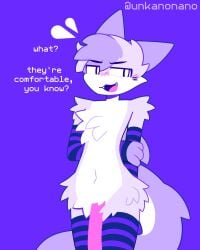 1boy 2d 2d_(artwork) 2d_artwork arm_socks artist_signature big_cock big_dick big_penis blue blue_fur blue_hair blushing blushing_face blushing_lines burple cock cock_between_thighs dialogue dick ear enby freaky furry heart heart_symbol naked naked_thighhighs penis shark shark_boy shark_ears shark_tail tagme thigh thigh_highs thighhighs unkanonano white_body white_fur