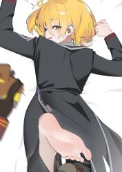 1girl 1other bed_sheet black_coat black_gloves blonde_hair blush boots brown_boots coat dante_(limbus_company) don_quixote_(limbus_company) feet foot_focus gloves highres impending_doom limbus_company long_sleeves lying noto12_34 on_stomach open_mouth pov pov_hands project_moon red_trim removing_shoes short_hair soles surprised sweat yellow_eyes