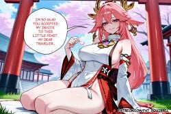 1girl ai_assisted ai_generated english_text fatest_squirrel genshin_impact large_breasts looking_at_viewer miko parted_lips picnic purple_eyes seiza smile yae_miko