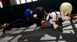 2girls 3d ass belle_(zenless_zone_zero) big_ass evelyn_chevalier head_between_thighs headscissor humiliation lying lying_on_back yellow_hair zenless_zone_zero