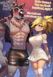 abs ai_generated aurora_(cocky69) biceps big_boobs big_breasts blonde_hair boobs breasts bulge bulge_through_clothing bulge_under_clothes cocky69 comic_page dress english_text fit fit_body fit_male golden_eyes helluva_boss hi_res jacket male/female pecs sexy sexy_body sexy_female shorts text tights vortex_(helluva_boss) wolf wolf_boy wolf_ears wolf_humanoid wolf_tail