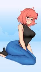 1female 1females 1girl 1girls ass ass_bigger_than_torso ass_focus back_view belt big_ass big_breasts black_shirt blue_eyes blue_jeans breasts coral_pink_hair doki_doki_literature_club female female_focus female_only girl girl_focus girl_only hips hips_wider iang_art jeans large_ass red_bow sayori_(doki_doki_literature_club) shirt thick_ass thick_thighs thighs thighs_bigger_than_torso wide_ass wide_hips wide_thighs