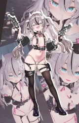 1girl absurdres bikini black_choker black_hair black_thighhighs breasts censored choker commentary_request detached_sleeves fallout fallout_4 full_body fuyukawa_(kogimiwa64338) green_eyes grey_hair gun hair_ornament hairclip handgun highres holster long_hair micro_bikini multicolored_hair multiple_views navel nipples pussy pussy_peek small_breasts streaked_hair swimsuit tactical_clothes thigh_holster thigh_strap thighhighs twintails weapon weapon_in_garters white_bikini