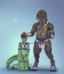 absurd_res alien anklet anthro argonian bangle bethesda_softworks biped bottomwear bracelet breasts claws clothing collar countershading dominant dominant_male feathers female genitals green_body green_markings grey_body halo_(series) hand_on_head hi_res horn jewelry kneeling ladychimaera leash loincloth male markings microsoft mostly_nude pussy red_body red_feathers red_markings ryzo_murgan sangheili scalie shows-her-scales slightly_chubby split_jaw submissive submissive_female the_elder_scrolls video_games xbox_game_studios yellow_eyes