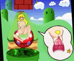 animated artist_name blonde_hair blue_sky blush breasts commentary completely_nude crown cunnilingus earrings english_commentary female heart highres jewelry large_breasts leaf long_hair mario_(series) mini_crown nipples nude oral outdoors piranha_plant plant princess_peach pussy saliva sky tongue
