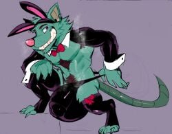 anthro armpit_hair balls big_balls big_bulge big_penis body_hair bow_tie buckteeth bulge bunny_costume chest_hair claws clothing clothing_pull costume detailed_bulge elbow_sleeves fake_ears fake_rabbit_ears fur genital_outline genitals green_body green_fur grin hand_on_leg hand_on_thigh hi_res league_of_legends leggings legwear looking_at_viewer male mammal murid murine musk penis penis_outline pubes purple_background purplecider rat rat_tail riot_games rodent sharp_teeth simple_background small_but_hung smile smiling_at_viewer solo tail teeth tencent twitch_(lol) underwear underwear_pull