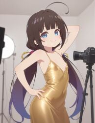 ai_generated beautiful_girl blue_eyes brown_hair flat_chest heavenly_body hinatsuru_ai petite_female pretty_girl seductive_smile sexy sexy_pose short_dress skinny_female slim_female slim_waist slutty_dress slutty_female tempting_viewer