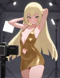 ai_generated beautiful_girl blonde_female flat_chest green_eyes heavenly_body lillie_(pokemon) petite_female pretty_girl seductive_smile sexy sexy_pose short_dress skinny_female slim_female slim_waist slutty_dress slutty_female tempting_viewer