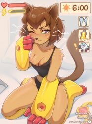 1girls 2026 absurdres anthro anthro_female anthro_only artist_name blush boots breasts breasts_out brown_eyes brown_hair cat_ears cat_girl cat_tail catgirl feline female female_only fensu-san gameoverse glitch_productions gloves highres hud kit_(gameoverse) kit_bodega looking_at_viewer nipples one_eye_closed pink_eyes small_breasts solo tired watermark whiskers