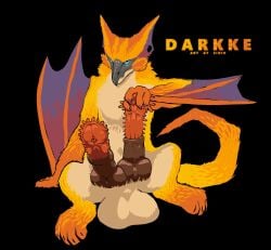2026 2_penises animal_genitalia animal_penis balls beak big_balls big_penis blue_eyes capcom cheek_tuft claws darkke_(darkkedusk) einin english_text facial_tuft feral flying_wyvern fur genitals hemipenes hi_res holding_penis huge_penis hyper hyper_genitalia hyper_penis knot male membrane_(anatomy) membranous_wings monster_hunter multi_genitalia multi_penis nargacuga orange_body orange_fur paws penis signature solo text tuft wings