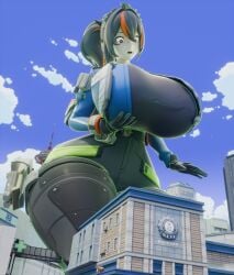 3d body_growth_(enlargement) buildings curvy decodec giantess gigantic_breasts hyper_breasts narrow_waist new_eridu_public_security shocked skin_tight thick_thighs voluptuous wide_hips zenless_zone_zero zhu_yuan