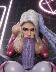 1futa 1girls ai_generated amelie_lacroix ashe_(overwatch) blowjob deepthroat eye_contact futa_on_female futa_pov futanari glossy glossy_skin head_grab hi_res highres huge_cock huge_penis latex looking_at_viewer masixi oral overwatch overwatch_2 pov pov_futa purple_body purple_skin red_eyes saliva self_upload tagme thick_penis veiny_penis white_hair widowmaker