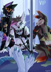 absurd_res anthro canid canine dragon dragon_paws fox furry group hi_res lock male male/male mammal mythological_creature mythological_scalie mythology nightclub paws sanynebeystoll scalie service_bottom skulldog_(species) tail