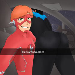 ass ass_focus awkward awkward_smile batman_(series) dat_ass dc dc_comics dick_grayson gay he_wants_to_order looking_at_ass male male_only meme nightwing staring the_flash the_flash_(series) unseen_male_face wally_west