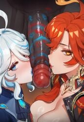 1boy 2girls 2girls1boy ai_generated anthro blonde_hair blue_eyes blue_hair churlbaitqueen dark-skinned_male furina_(genshin_impact) genshin_impact grey_hair huge_cock interracial kiss_mark kissing_penis large_breasts lips lips_on_penis lipstick lipstick_mark lipstick_on_penis looking_at_viewer male mavuika_(genshin_impact) mismatched_pupils multicolored_hair ntr penis penis_on_face red_eyes red_hair small_breasts