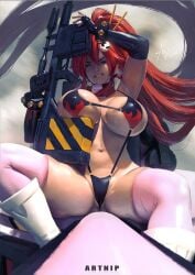 1girls armpits artnip big_breast bikini breasts female female_focus female_only glasses gun light-skinned_female light_skin long_hair looking_at_viewer navel pale-skinned_female pale_skin pose red_hair simple_background sling_bikini sniper_rifle solo solo_female tengen_toppa_gurren_lagann thick_thighs toned toned_belly toned_body toned_female wide_hips yellow_eyes yoko_littner