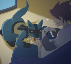 aeltrix ambiguous_gender ass blowjob blue_fur butt dog fellatio fur hands_on_knees human kneeling kneeling_oral_position lucario male on_knees pants playing_videogame red_eyes tail video_games