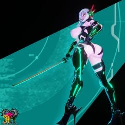 big_ass big_breasts bubble_ass bubble_butt cybernetics dat_ass heels katana long_legs naked thick_thighs virtual_youtuber white_hair yellow_eyes zentreya zentreya_(cyborg)