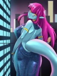 1girls aged_up alien alien_girl alien_humanoid alien_look_like_human alternate_version_at_source alternate_version_available ass ass_focus backboob background big_ass big_breasts biped blue_skin blush breasts champagne city city_background city_lights digital_media_(artwork) dinaurian dinosaur_girl duna_nichs female female_only fossil_fighters glowing_lights hourglass_figure hourglass_figured_female hourglass_figured_humanoid kayserend long_ears long_hair long_tail looking_back magenta_hair monster_girl neon_lights night night_sky nintendo pov rear rear_focus rear_view reptile_humanoid solo solo_female sparkling_dress standing tagme tail video_game_character yellow_eyes
