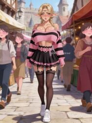 abs ai_generated bimbo blue_eyes blush blushing cleavage crop_top cute elf elf_ears elf_female elf_girl ephildis_agraliel girdle huge_breasts illustrious_(stable_diffusion) lace long_sleeves medieval obviousaddicted overhang skirt sneakers stable_diffusion thighhighs thighs